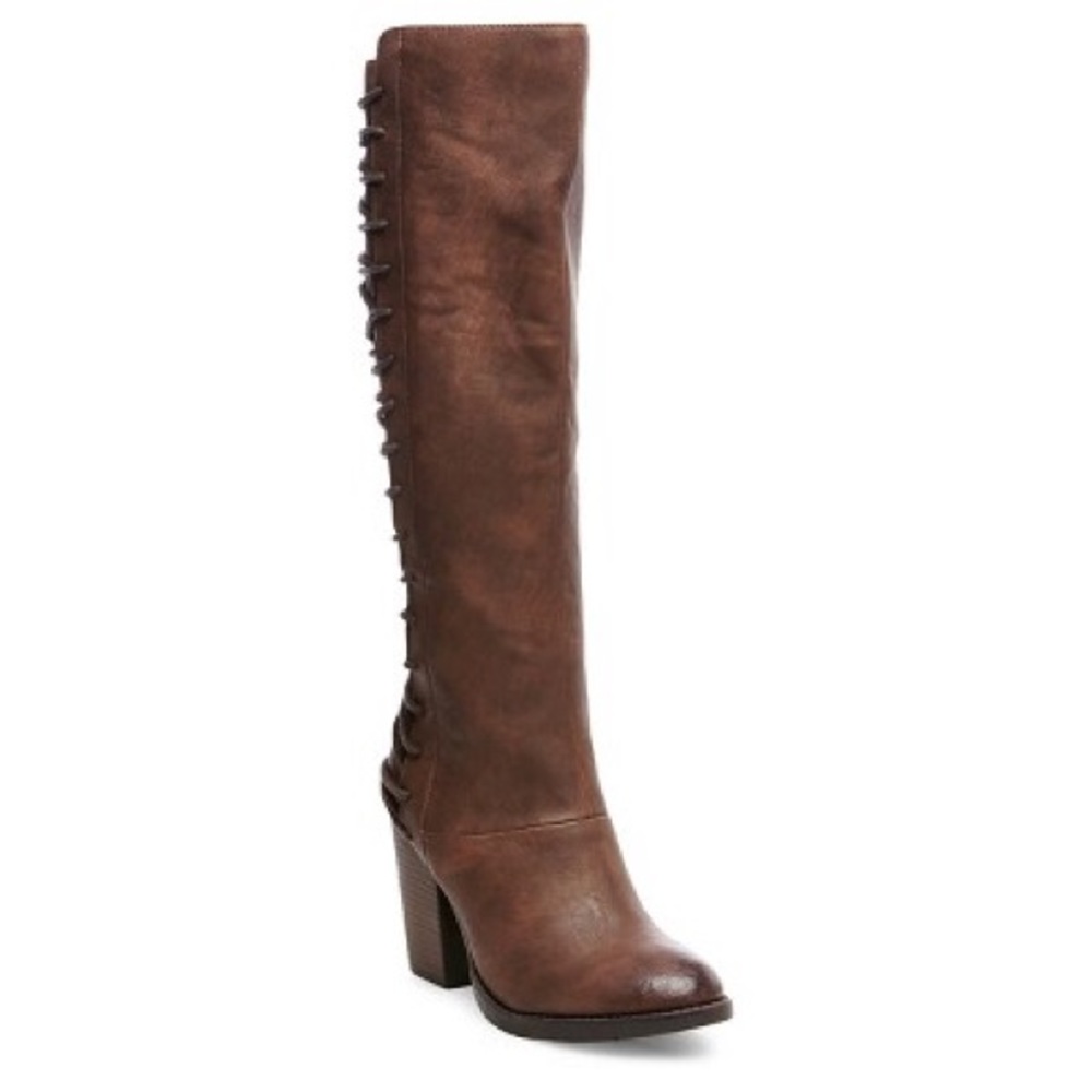 Brown faux leather boots w/ lace-up detail
